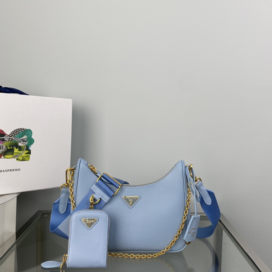 Prada Saffiano Leather Re Edition 2005 Shoulder Bag Light Blue 1BH204